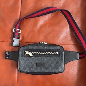 Gucci Black Belt Bag with Red Strap
